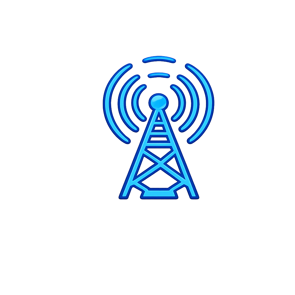 Blue wireless tower with radio waves