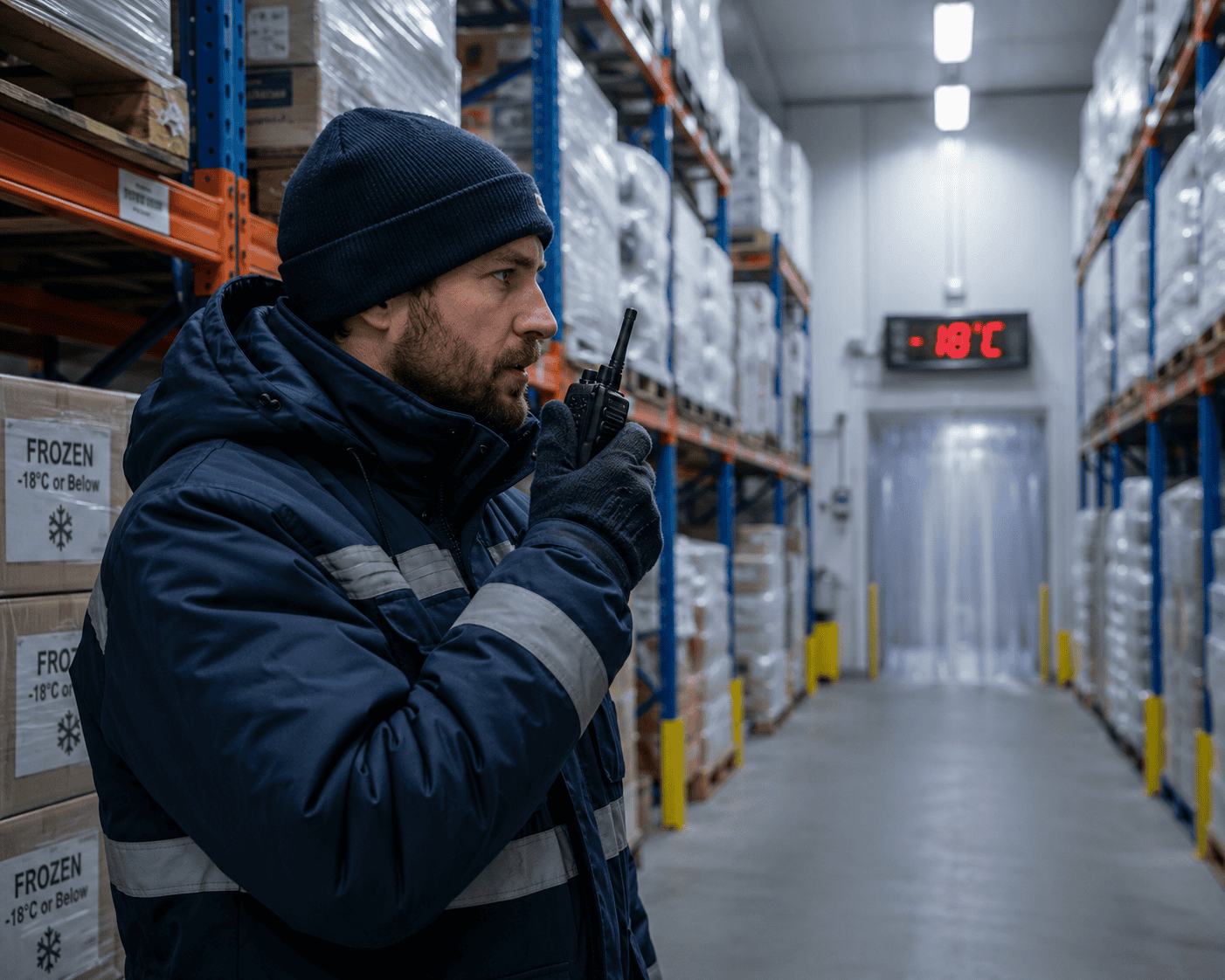 Cold storage warehouse with worker at radio Warehouse office with communication equipment