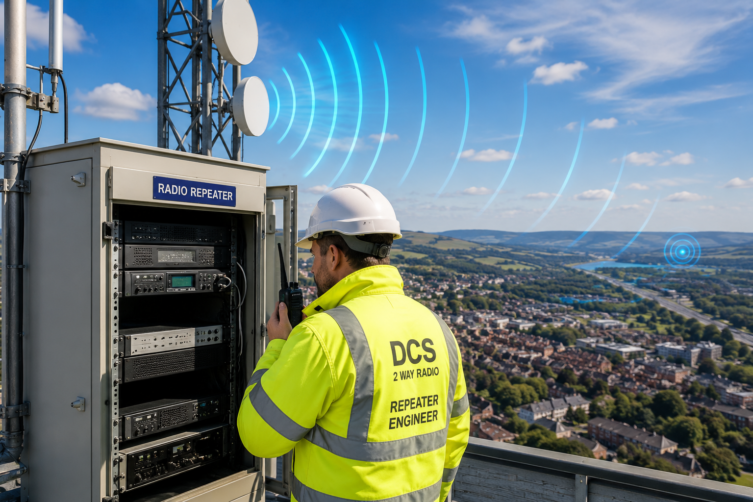 Communications tower and technician in action