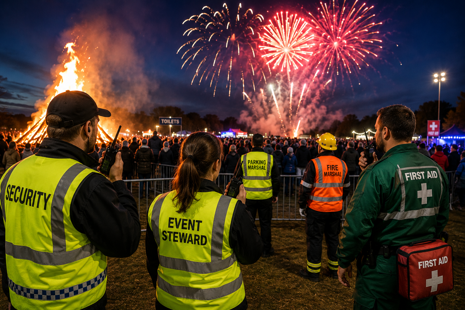 Festival night with fireworks and stewards