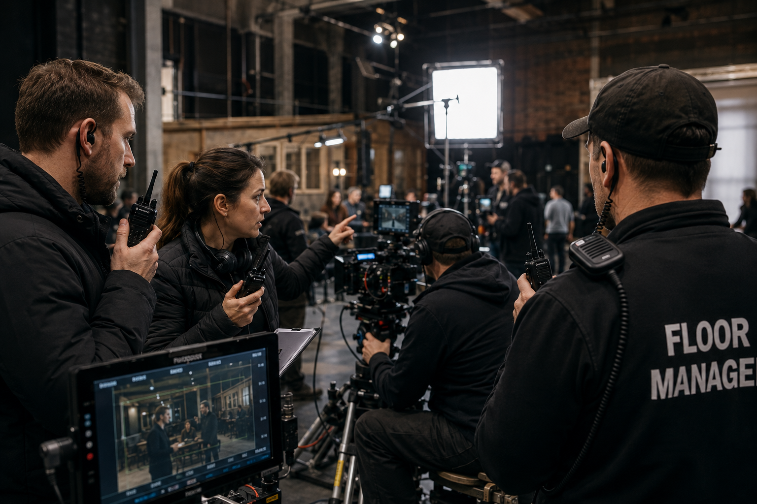 Film set in action using two way radios