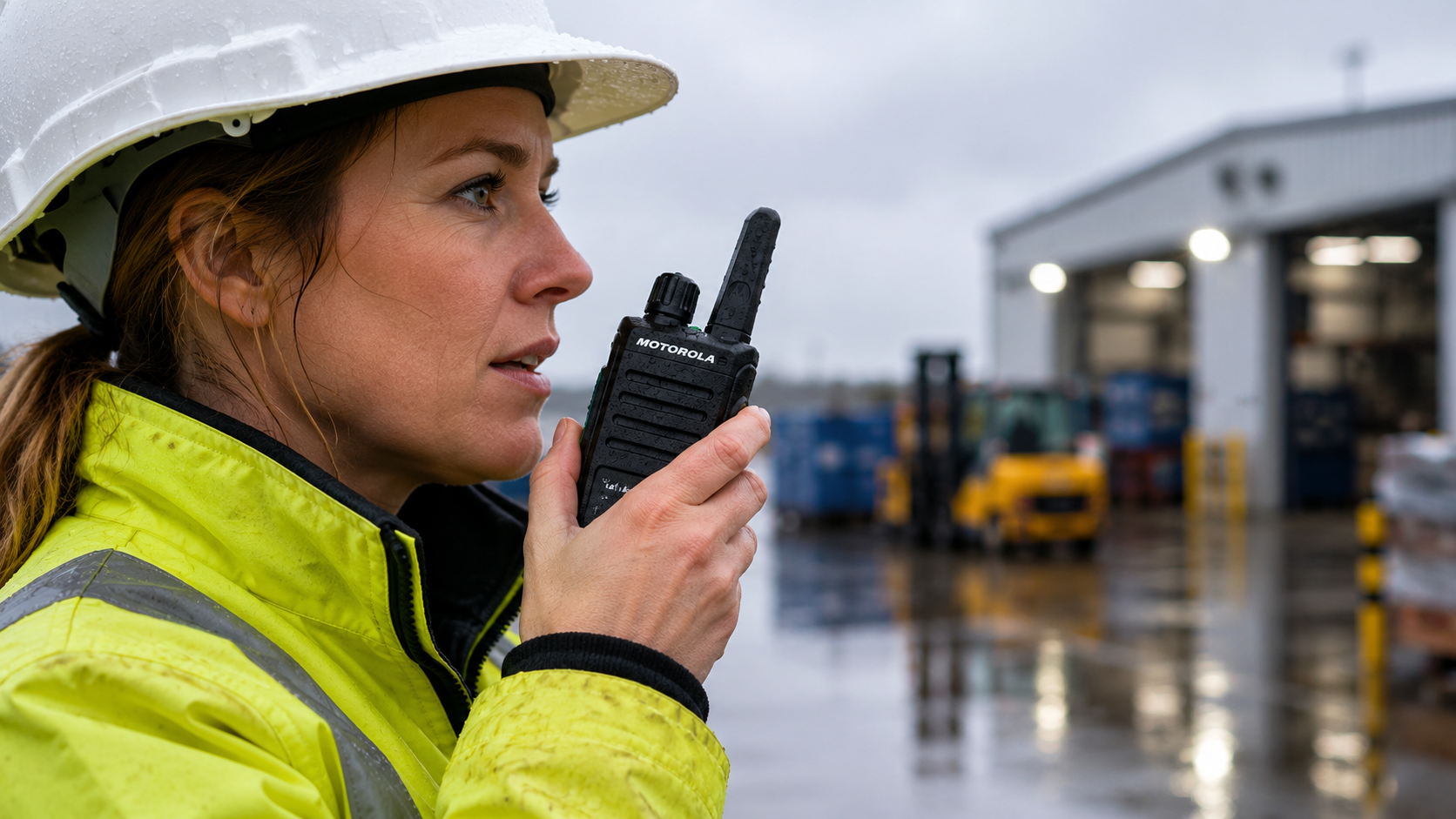 Focused at work on a radio in rain