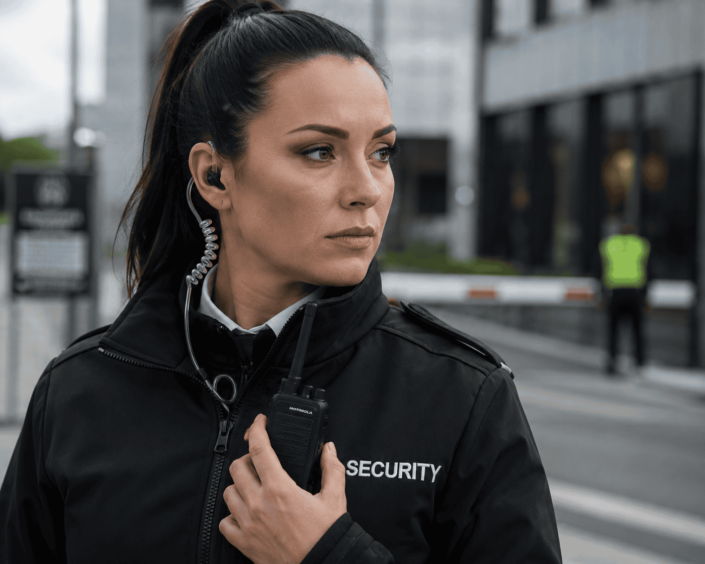 Focused security guard at entrance Focused security guard at entrance
