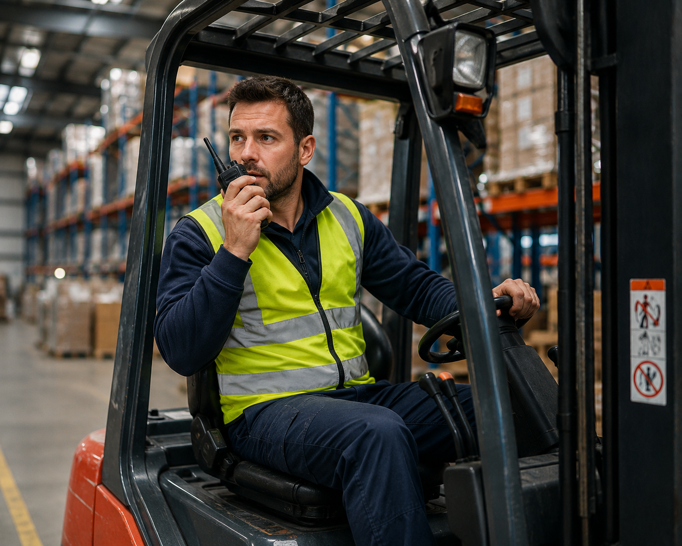 Forklift operator in industrial warehouse Forklift operator in industrial warehouse
