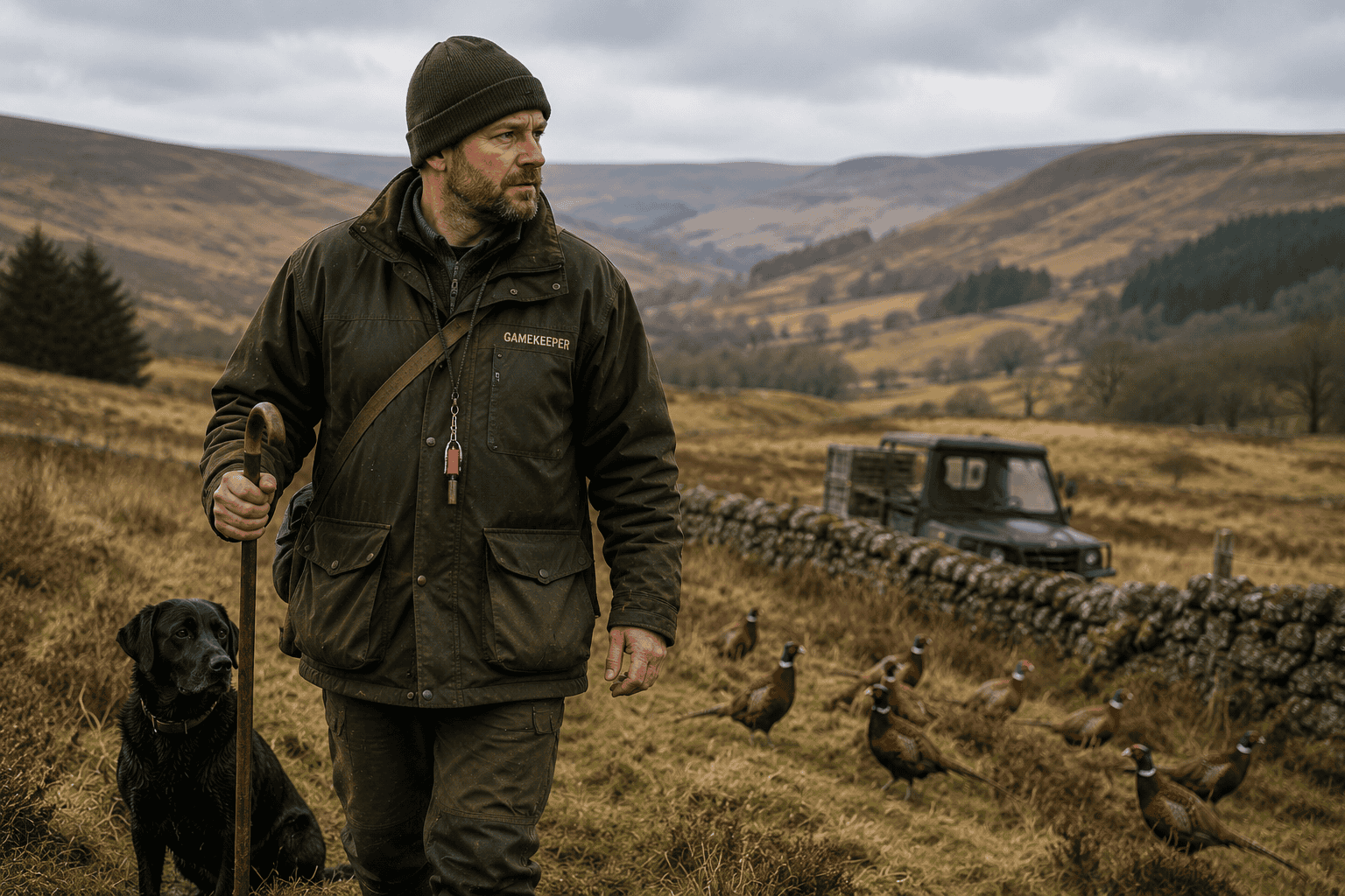 Gamekeeper on the moorland with dogs