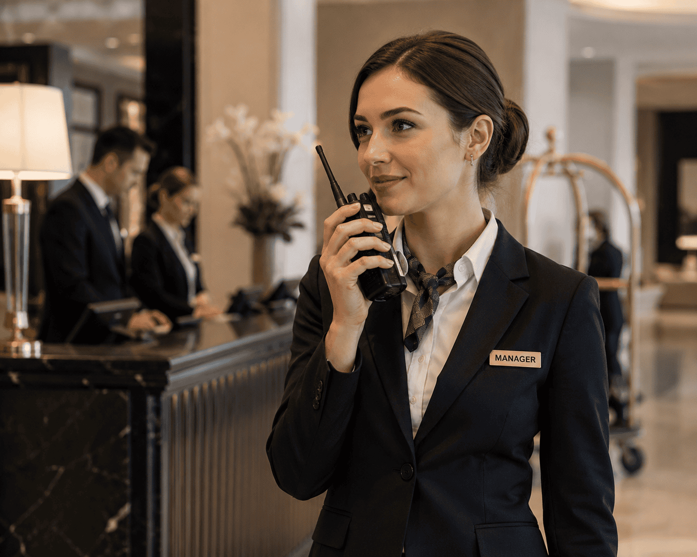 Hotel manager in bright reception area