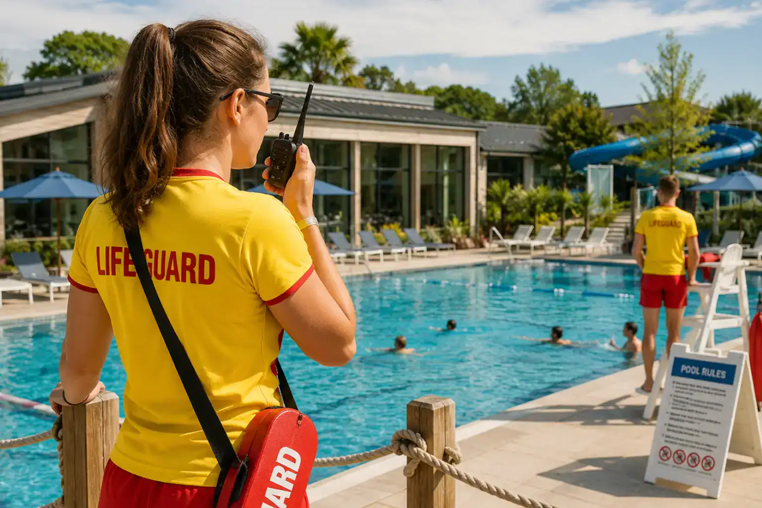 Lfeguard overseeing resort pool scene Forklift operator in industrial warehouse