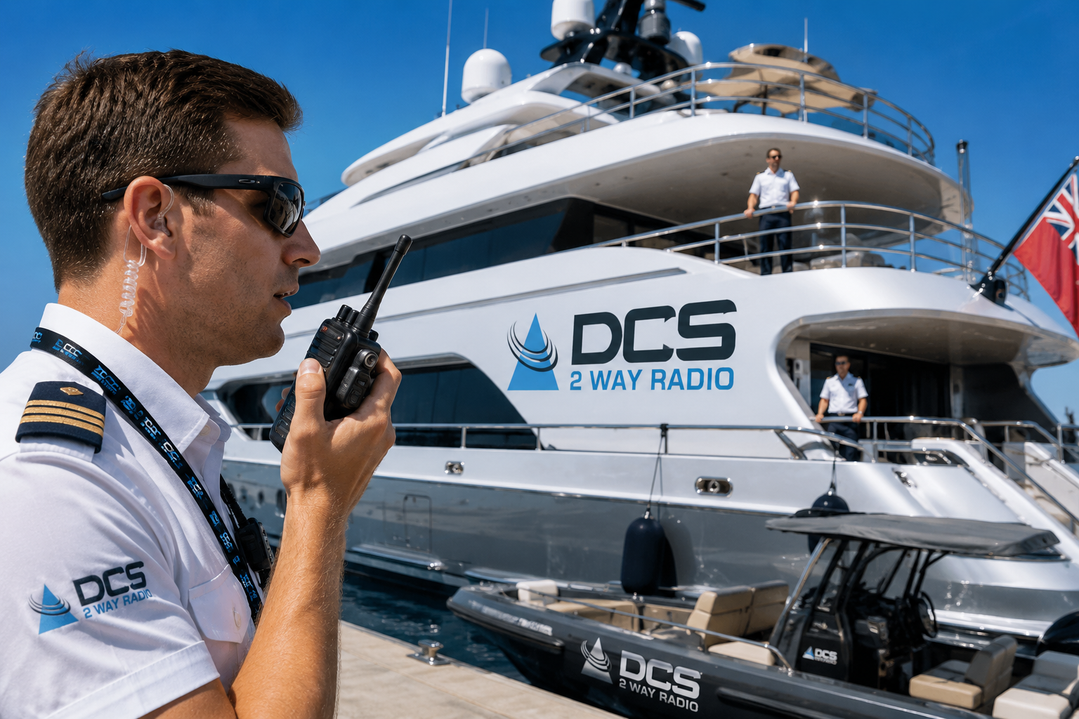 Luxury yacht at dock with crew