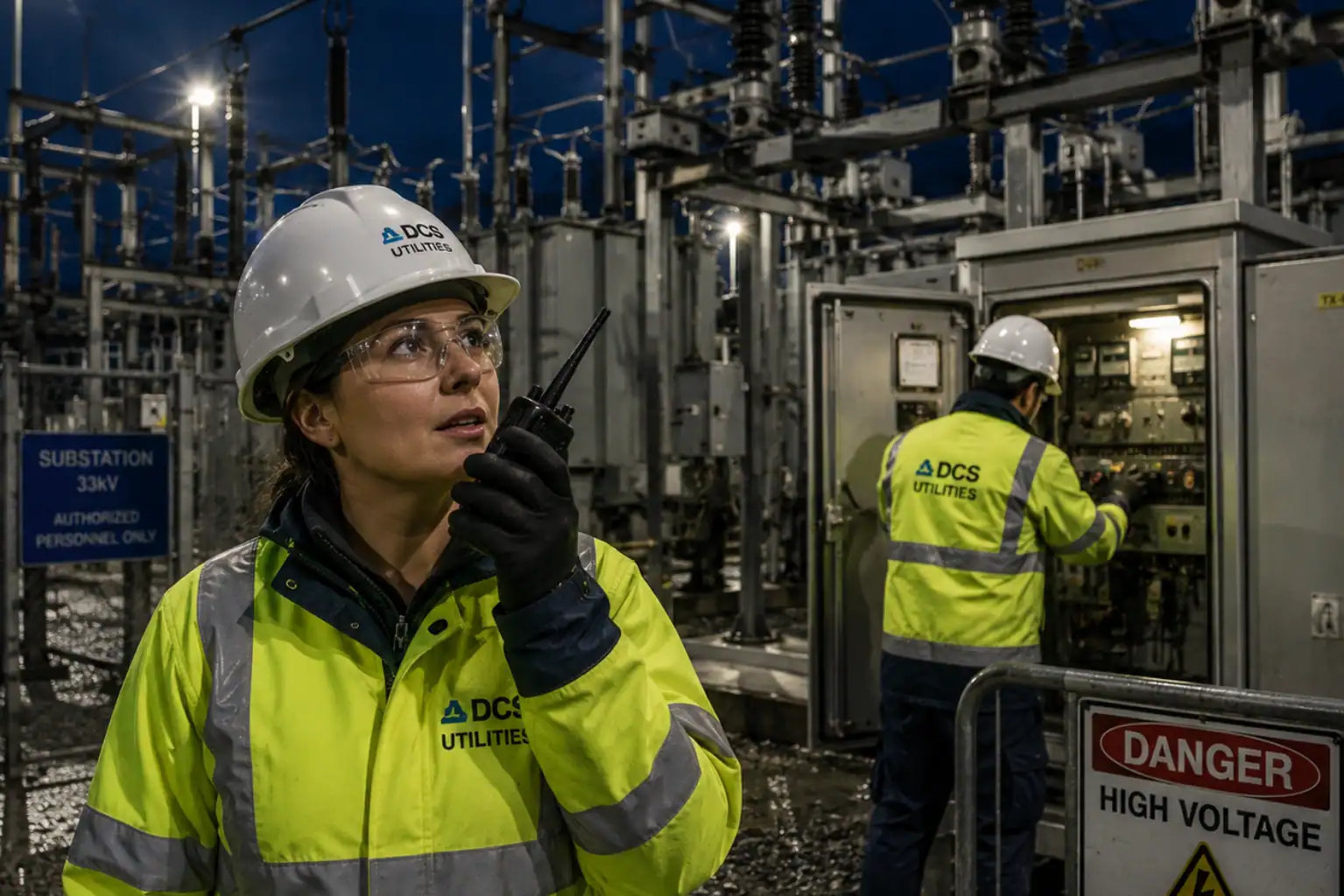 Night shift at the substation Ski resort bustle on a snowy mountain