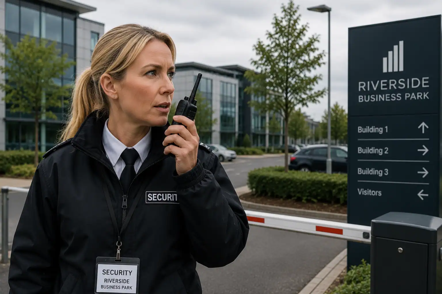 Security guard at Riverside Business Park entrance woman on two way radio