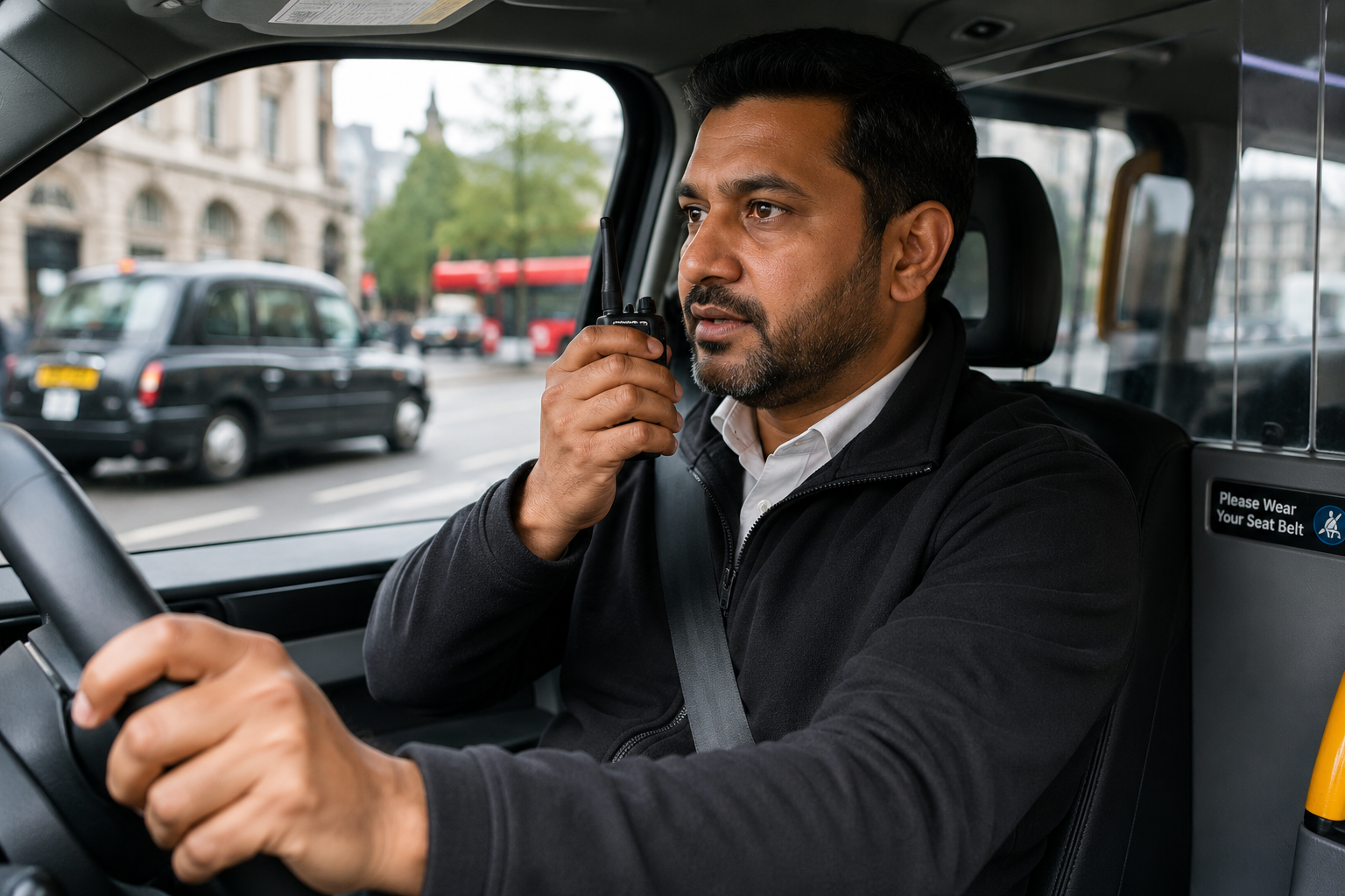 Taxi driver communicating on the radio