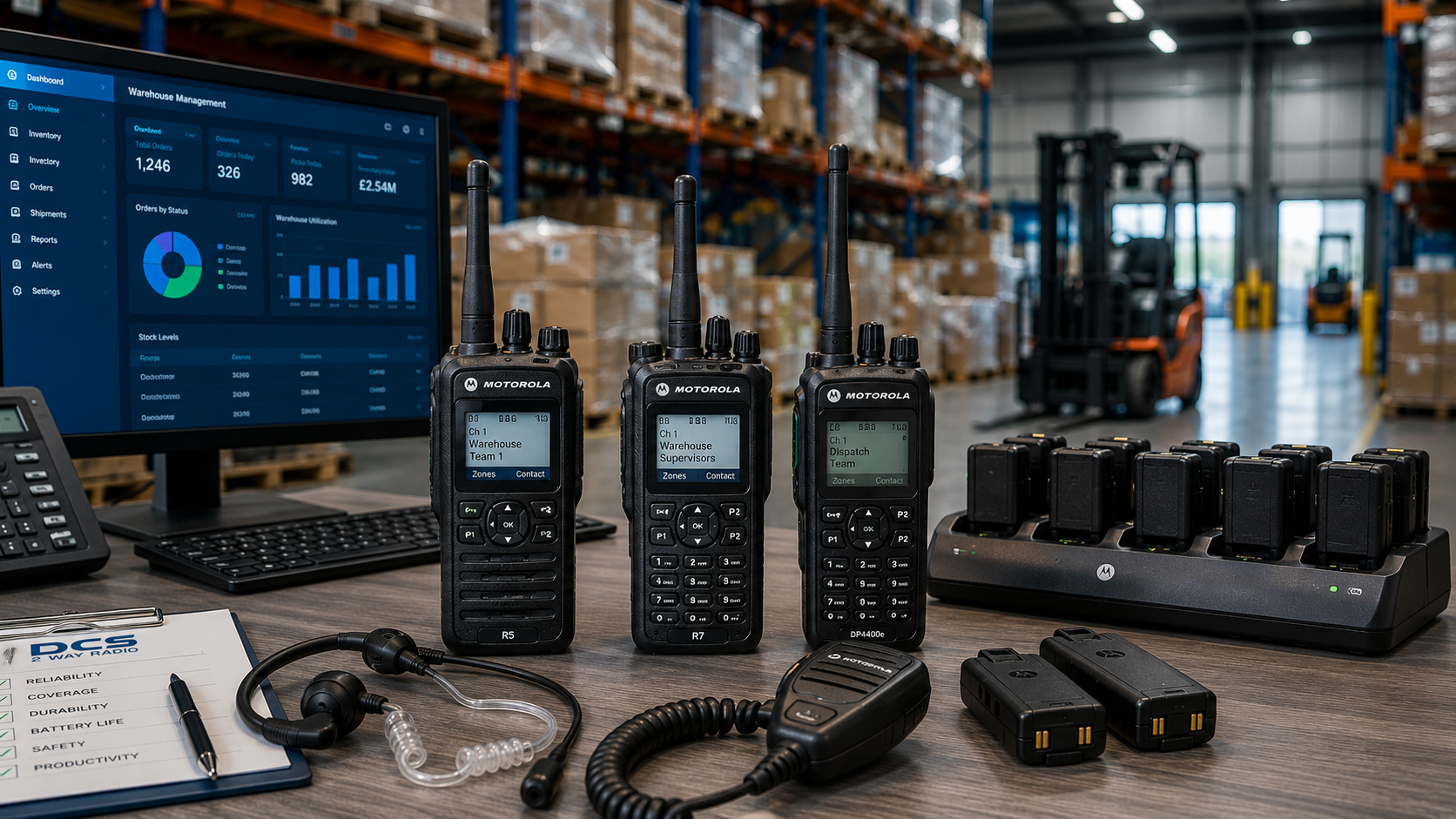 Warehouse office with communication equipment