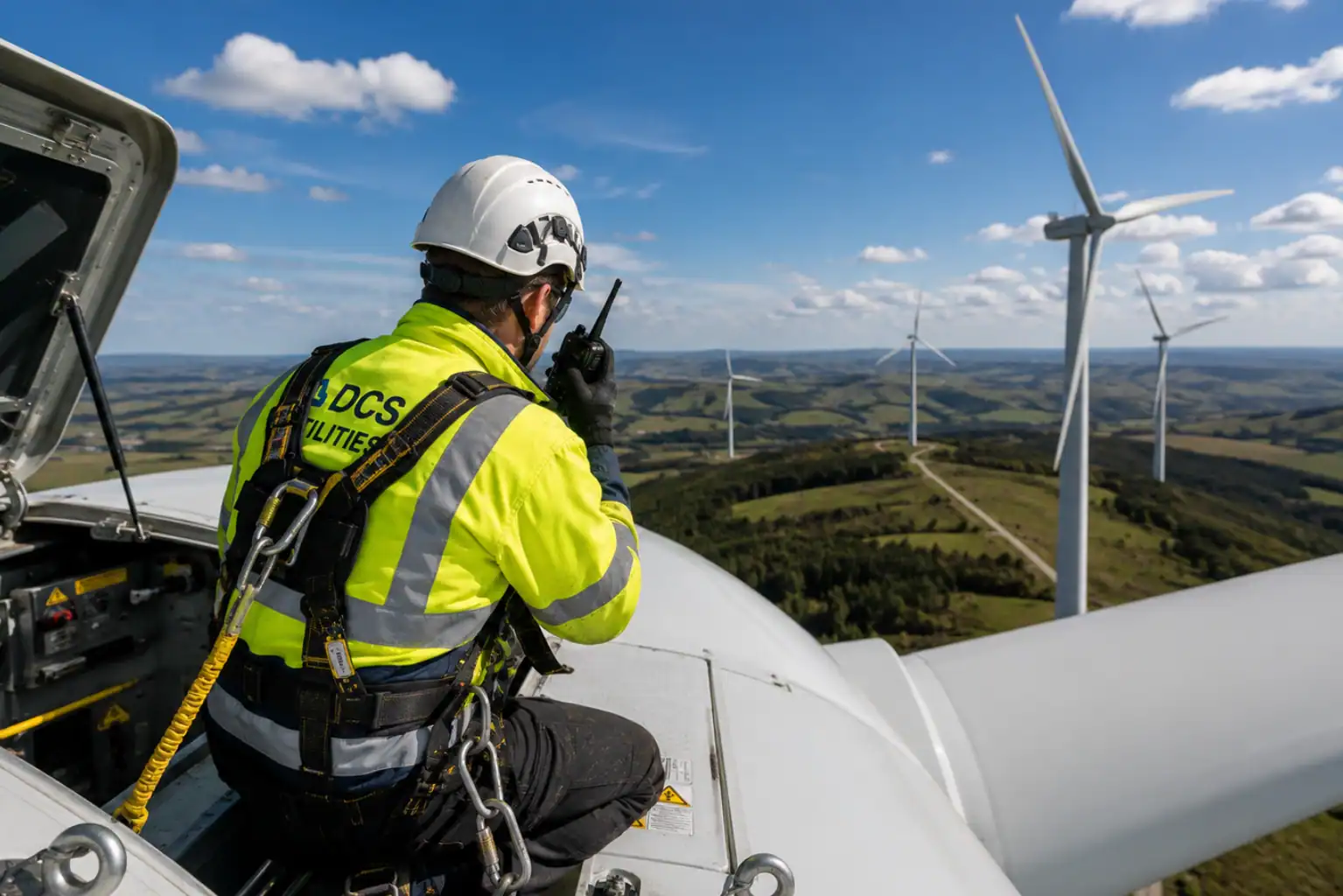 Wind turbine maintenance on a sunny day Wind turbine maintenance on a sunny day