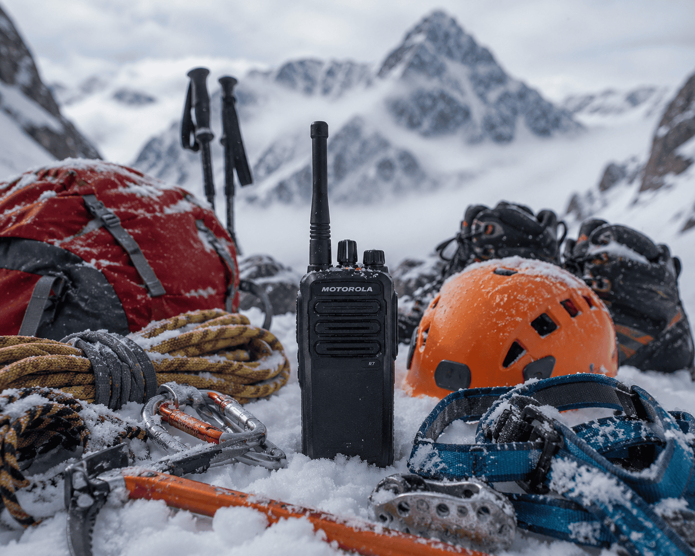 Winter mountaineering gear in snowy landscape