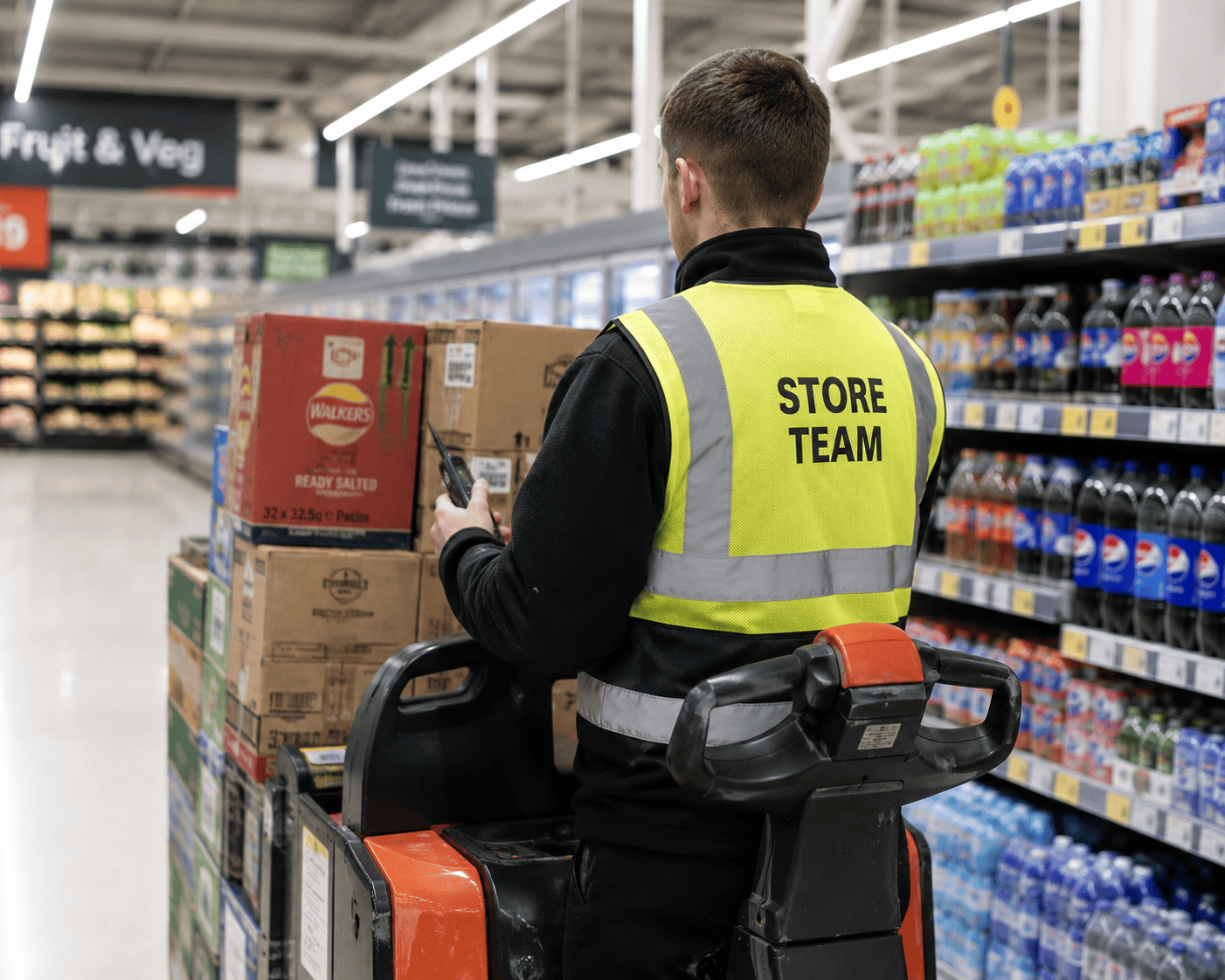 Worker in grocery aisle with pallet truck