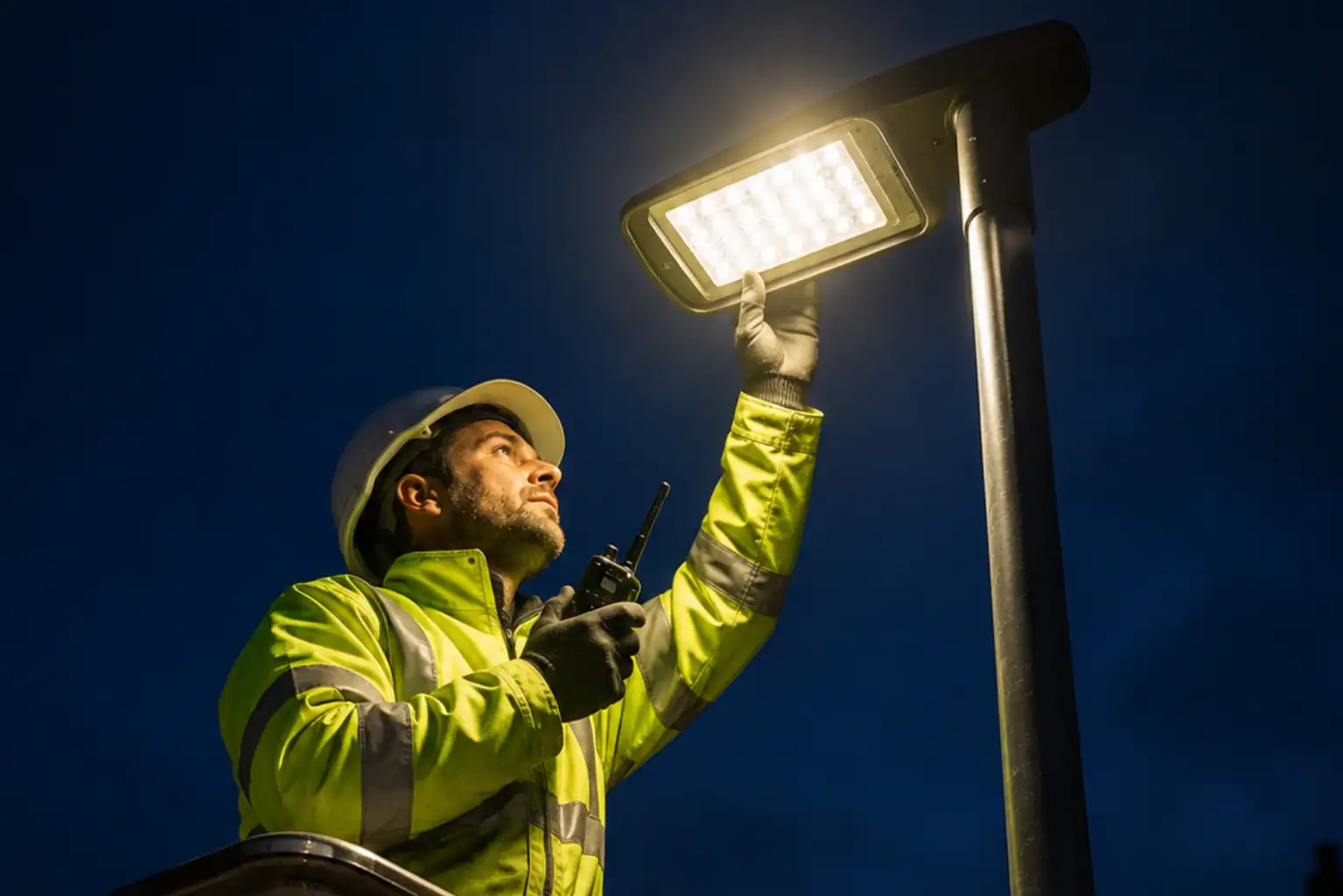 Worker repairing streetlight at night wind turbine maintenance